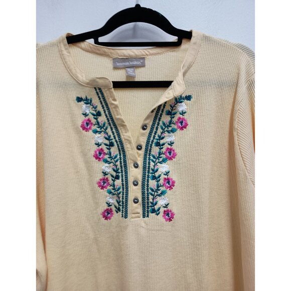 Woman Within Womens BOHO Top Size 2X Yellow Embroidered Floral Henley Thermal - Picture 2 of 8